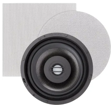A contemporary white and black speaker featuring a sleek cloth finish, great for any room decor.