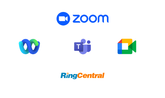 Zoom, Google, Google Meet, Microsoft Teams and RingCentral company logos are displayed together on a white background.
